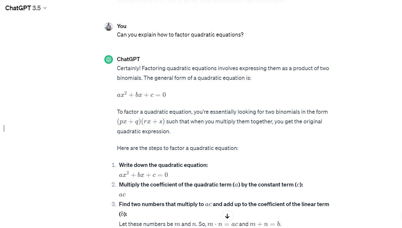 ChatGPT&rsquo;s explanation to a prompt on quadratic equations