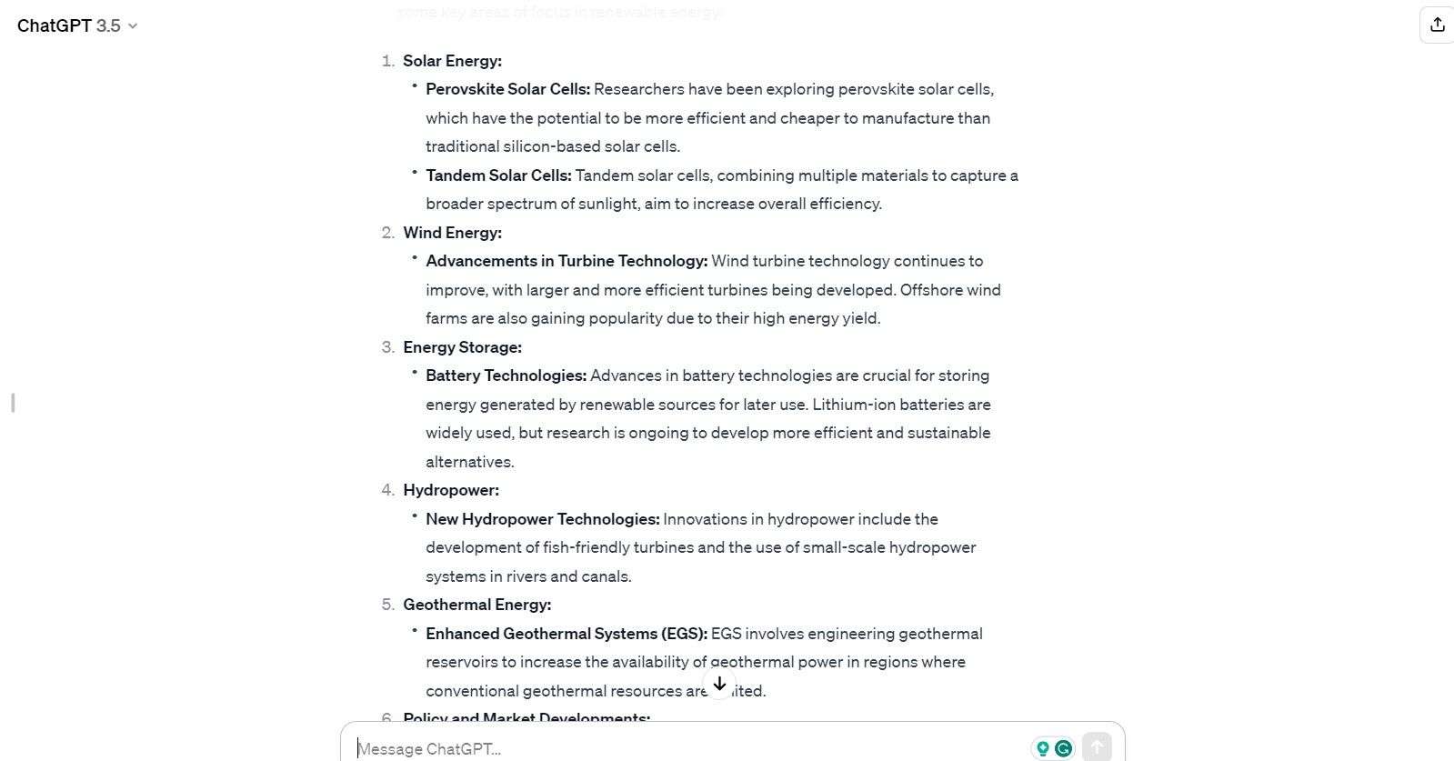 ChatGPT&rsquo;s response to a question on renewable energy