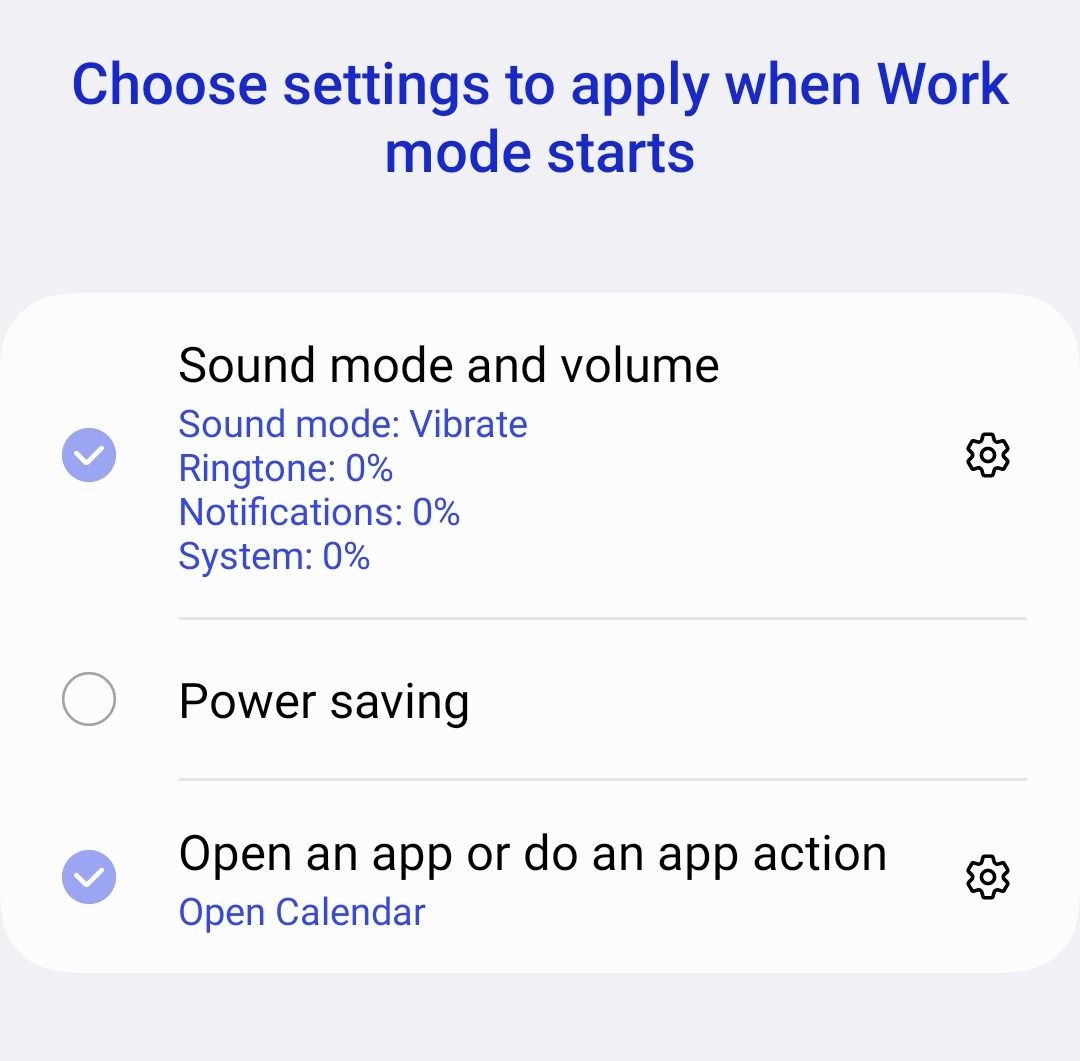 Choosing settings for Work mode on Samsung.