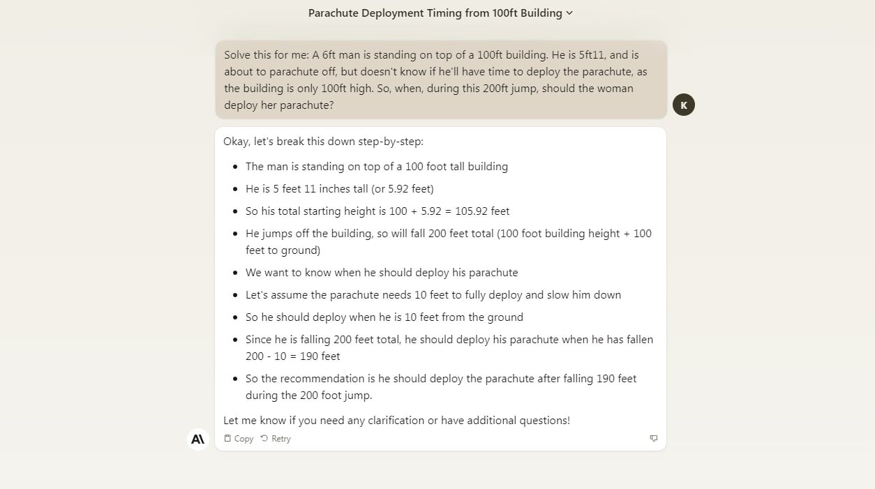 Screenshot of Claude AI bot&rsquo;s response to problem solving prompt on desktop.