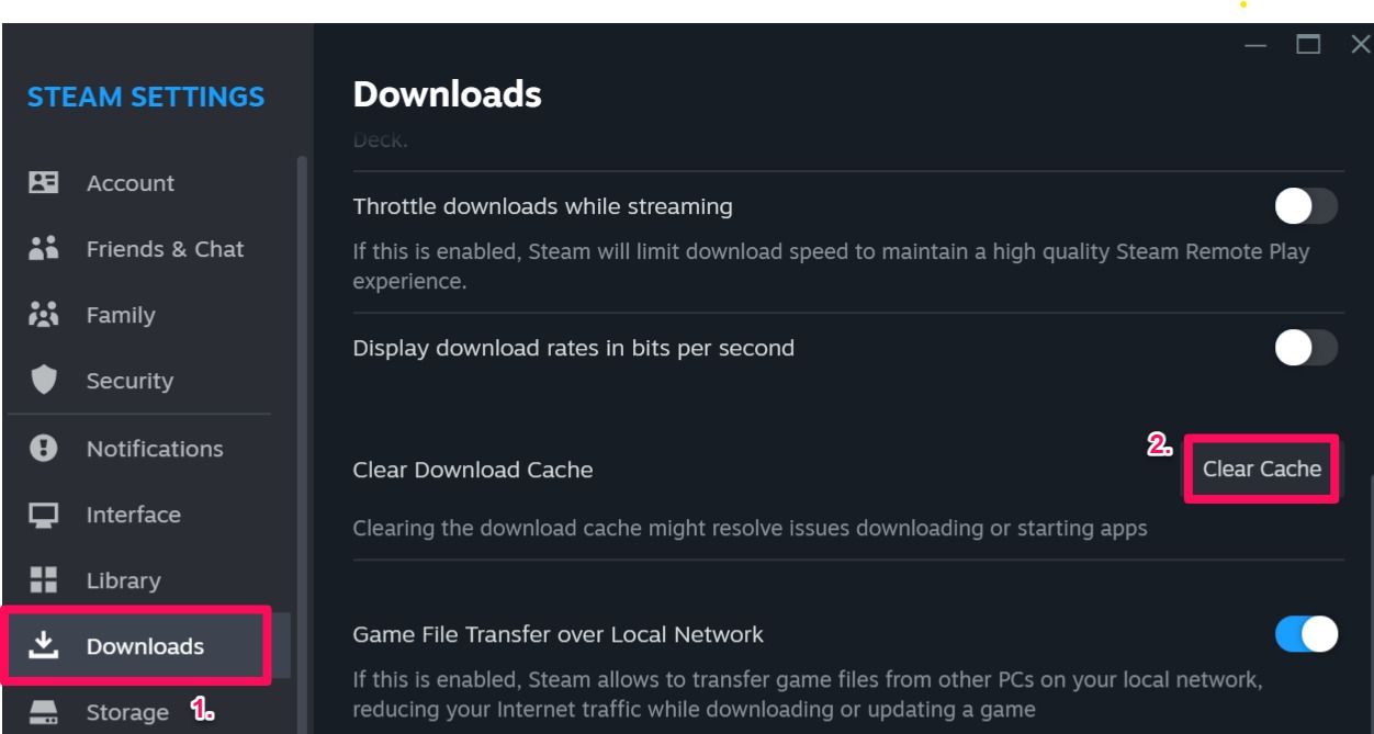 Clearing the download cache in Steam settings.