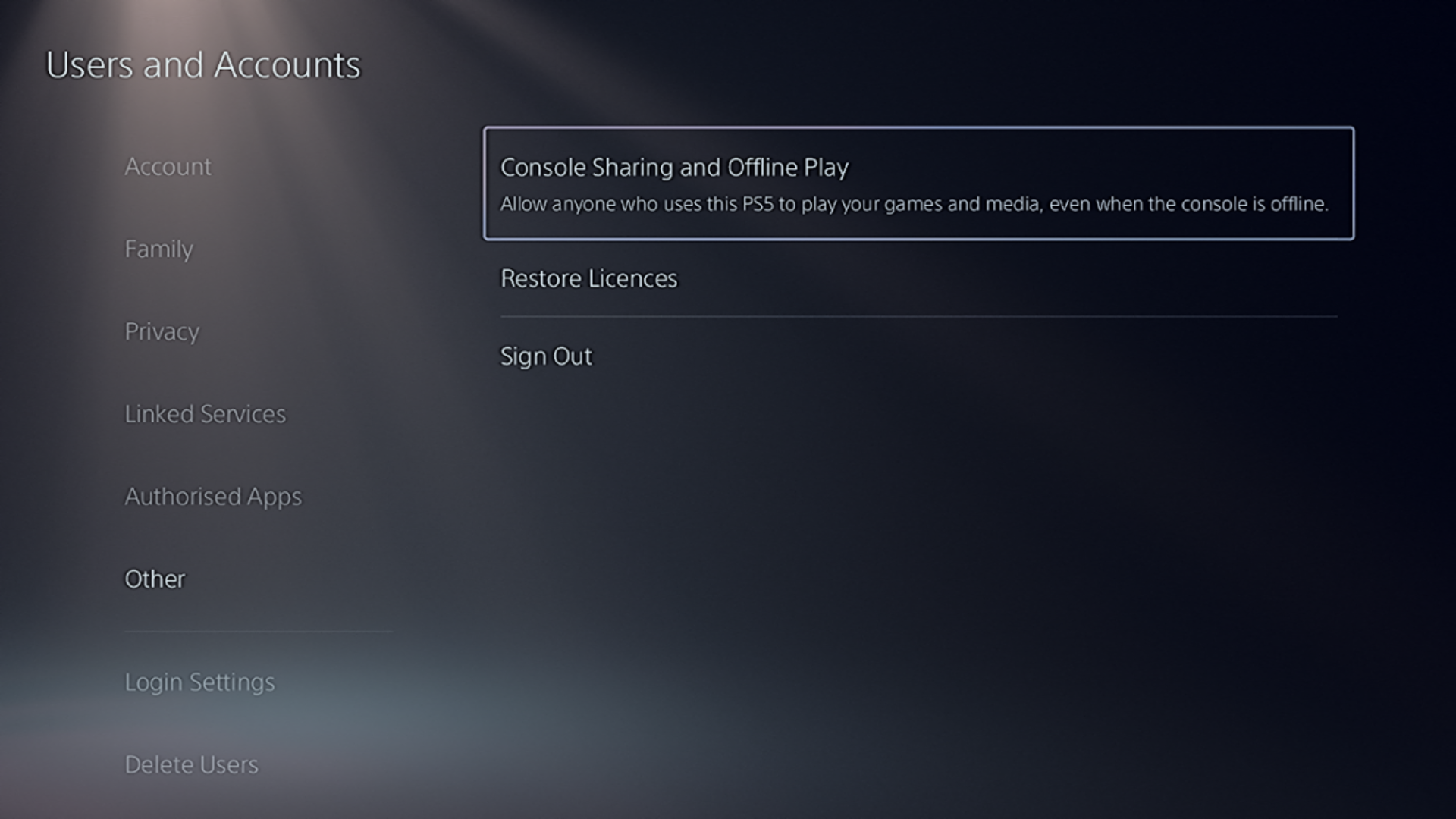 The Other page of the User and Accounts screen on a PS5.