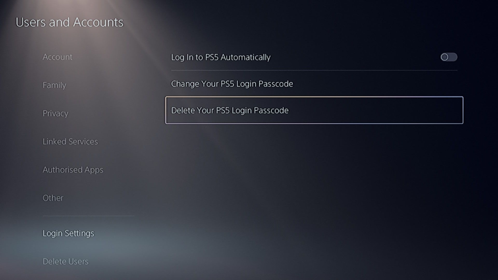 The Login Settings screen of the Users and Accounts screen on a PS5, with the 'Delete Your PS5 Login Passcode' option selected.