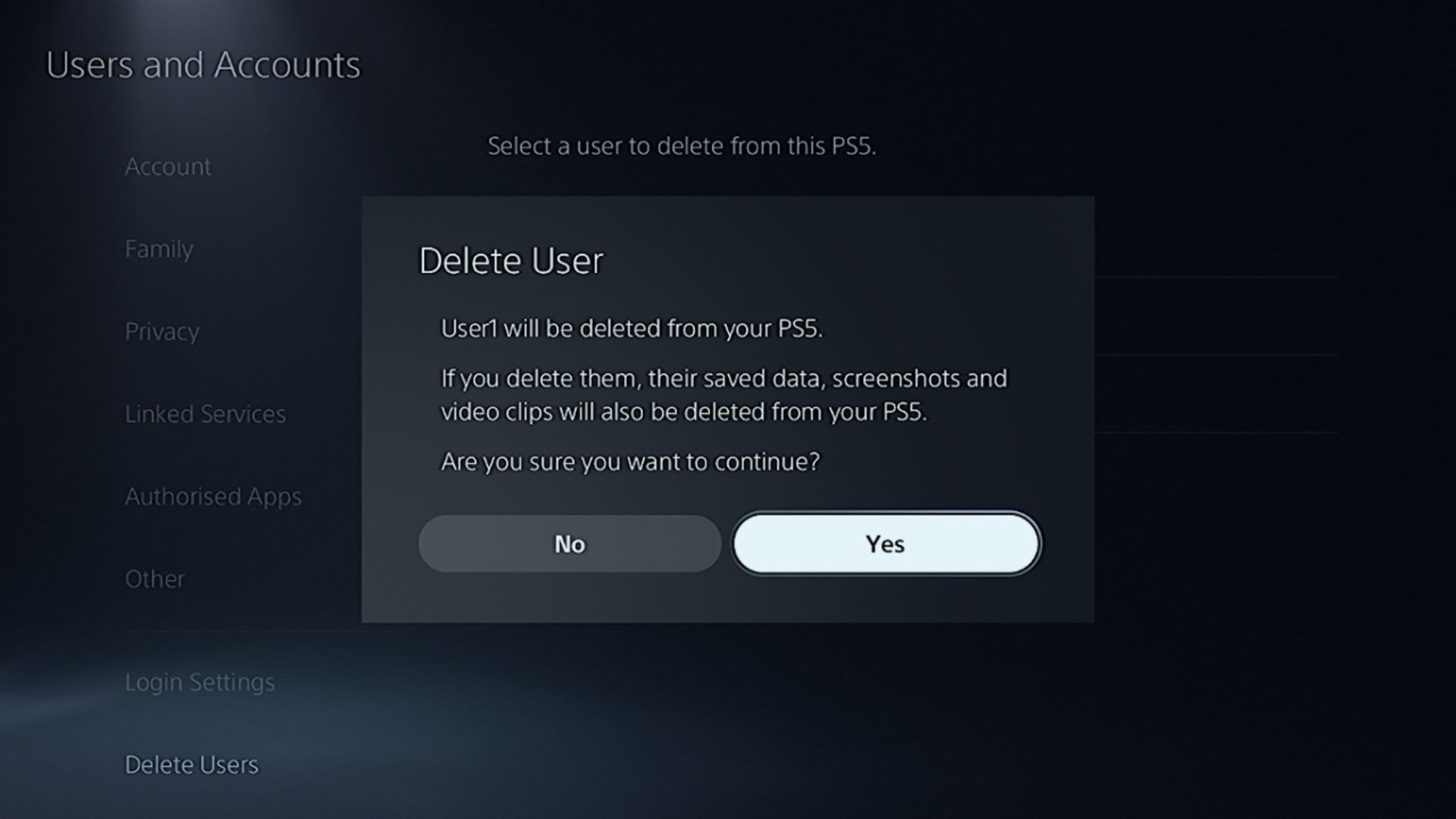 Confirmation popup when deleting a user on a PS5.