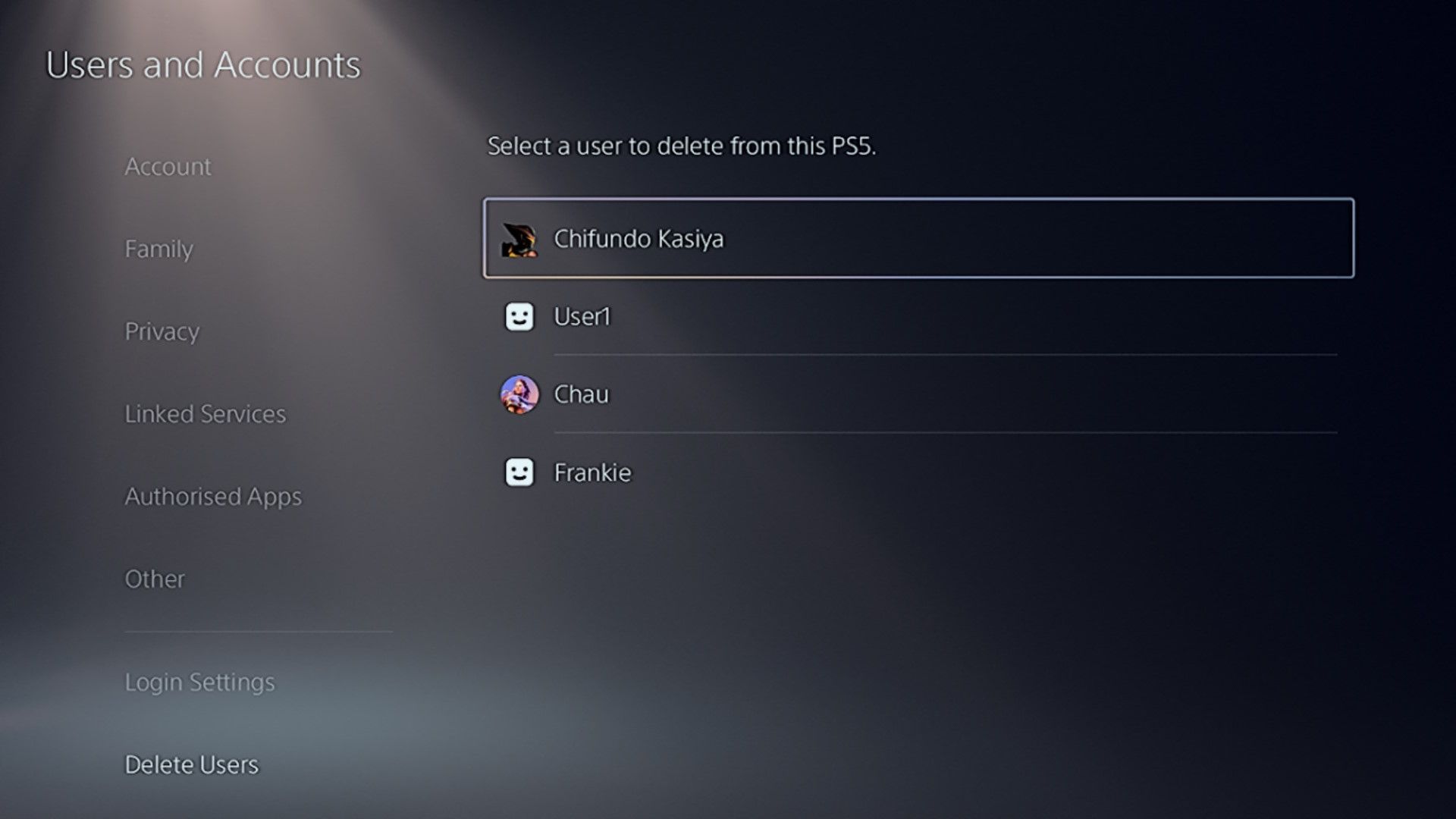 Deleting user accounts on a PS5.