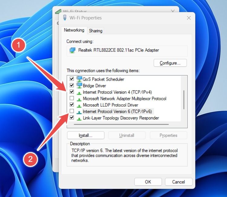 The Wi-Fi Properties window, highlighting IPv4 and IPv6 options in Windows.