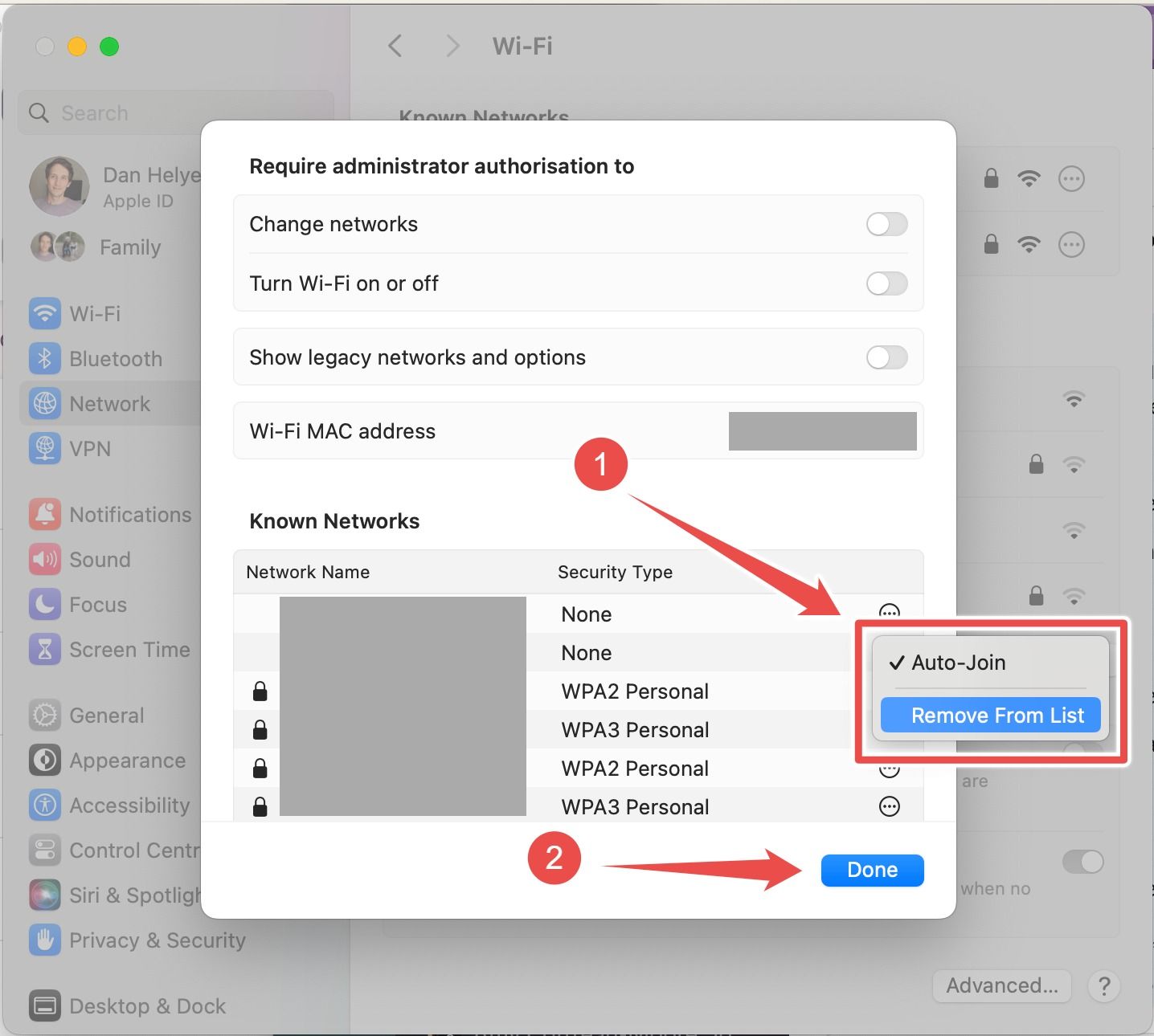 Advanced network options with the option to remove a network on macOS.