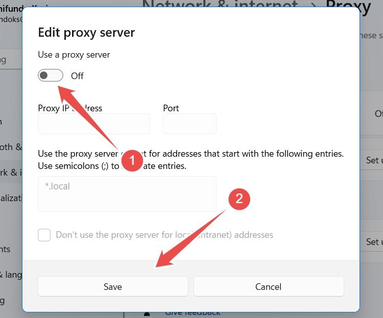 Editing a proxy server in Windows 11.