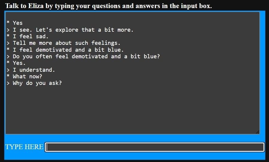 Screenshot of ELIZA simulated chatbot conversation on desktop.
