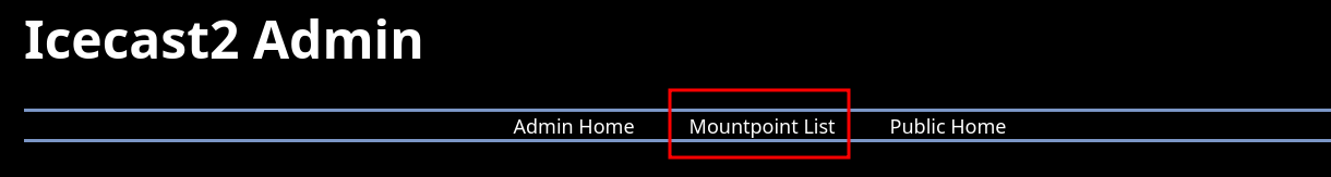 Browser window showing Icecast administration section
