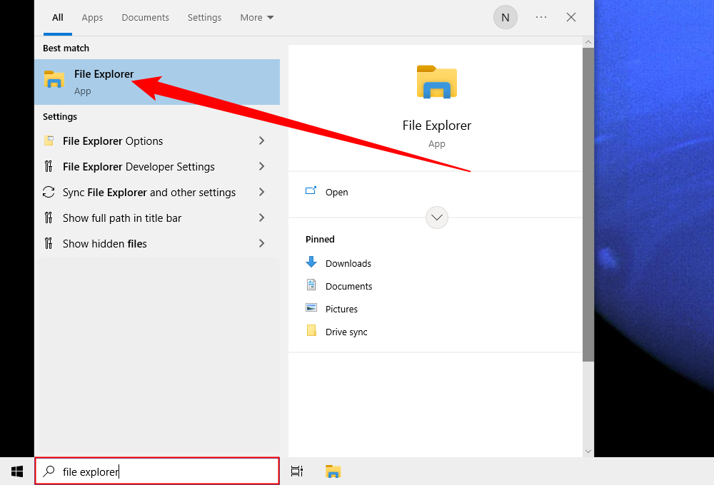 Search for 'file explorer' in the search bar. 