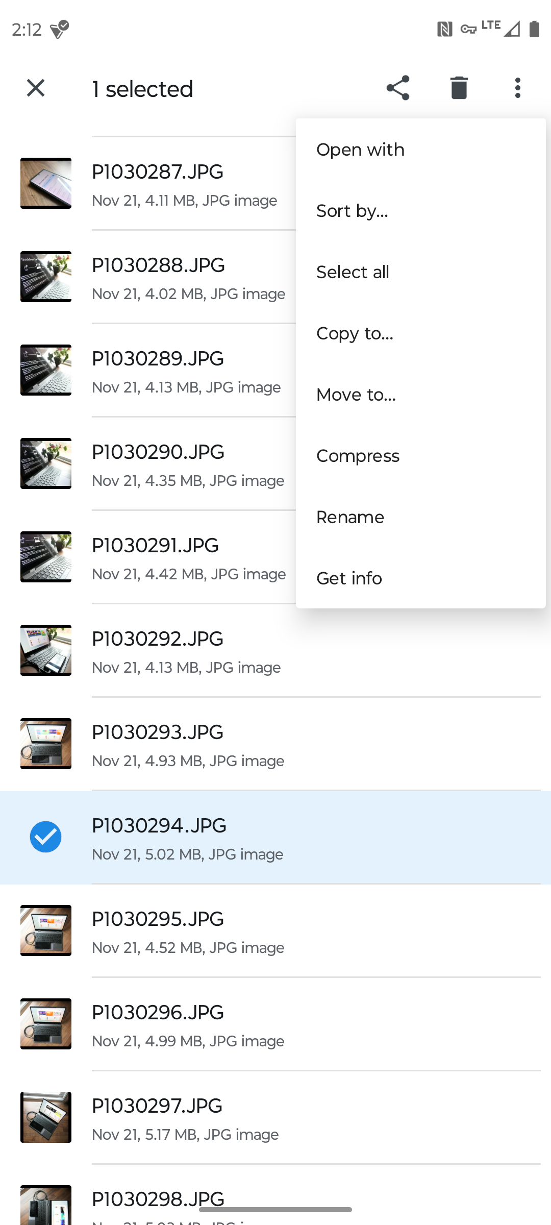 Options that appear when selecting a file on Android's built-in file manager.