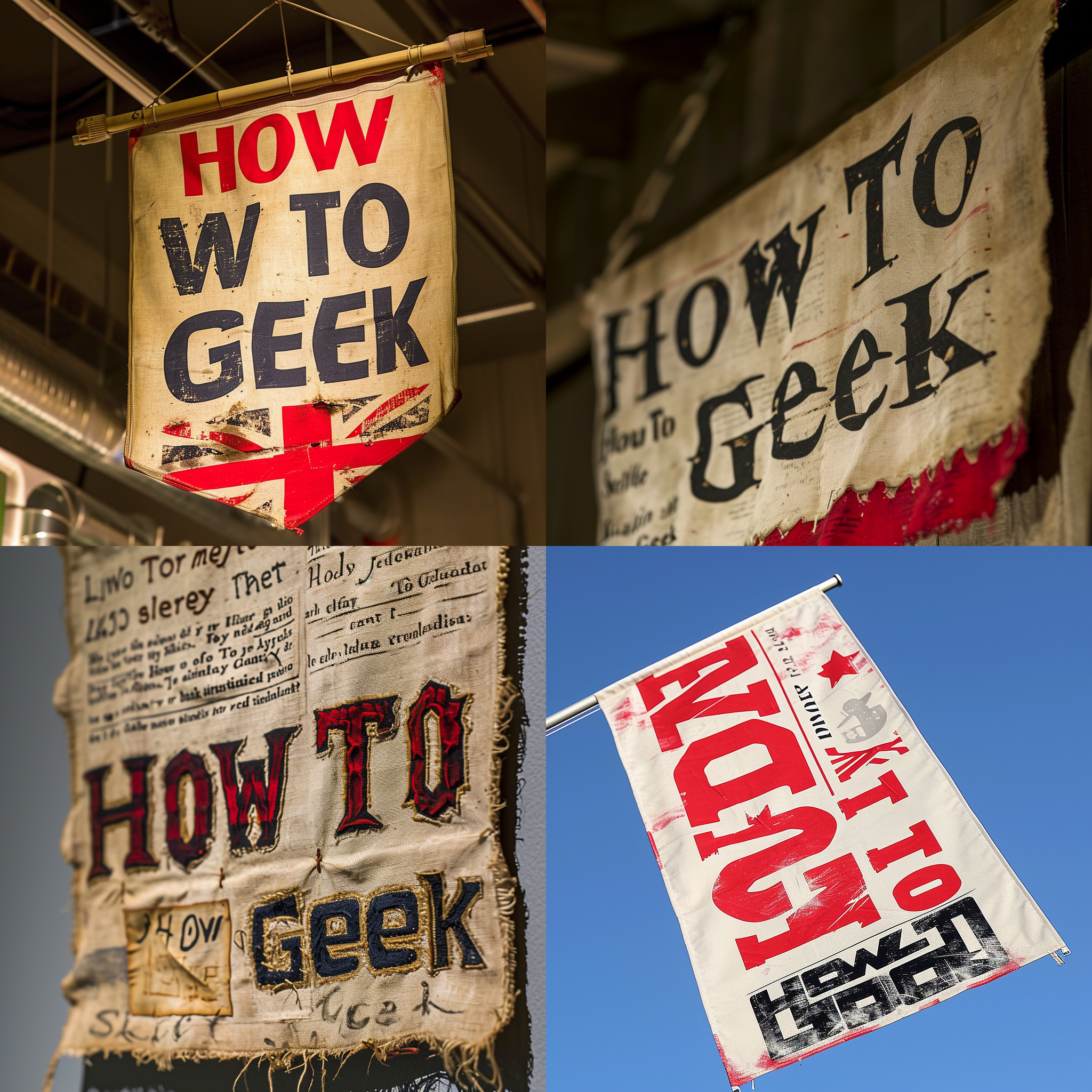 Four AI-generated flags that have the words How-To Geek on them.