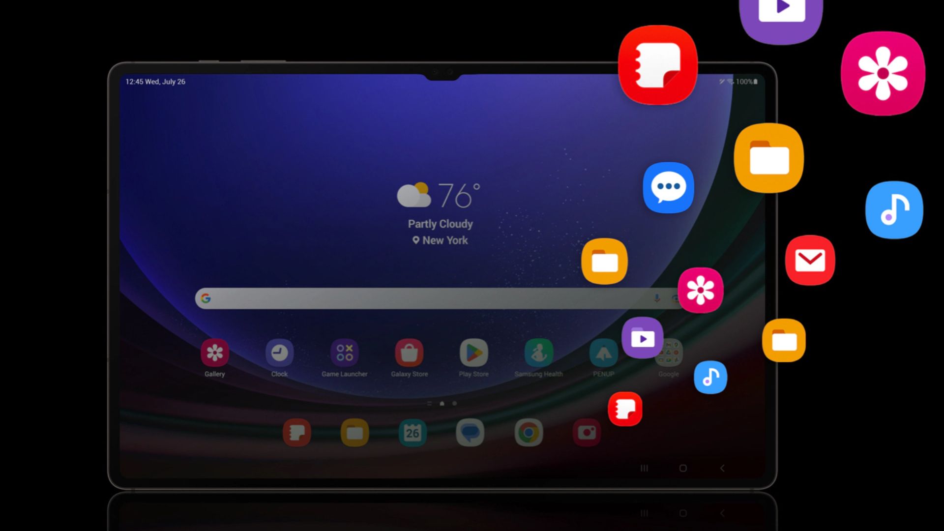 Galaxy Tab S9 graphic showing multiple apps