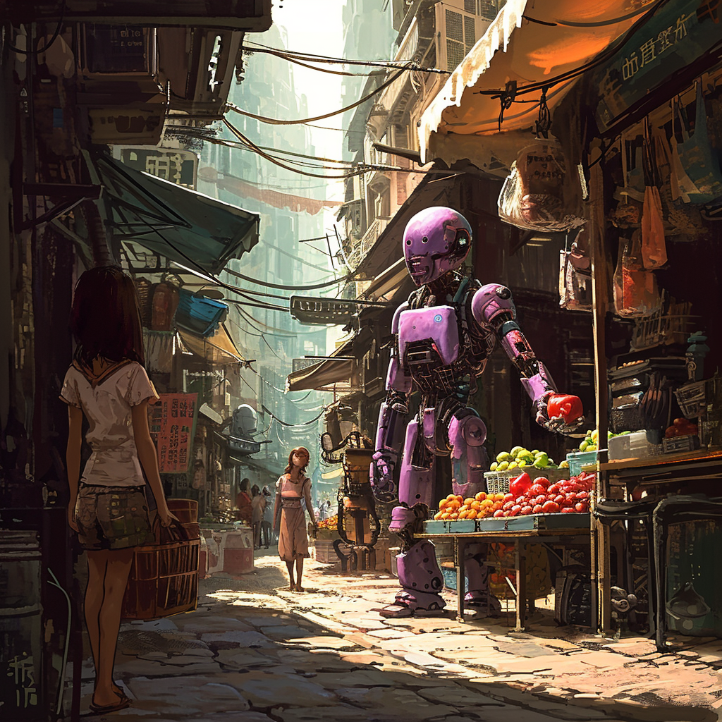 AI-generated image of a marketplace in a futuristic city. 