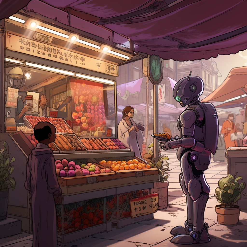 An AI-generated image of a marketplace in a futuristic city.