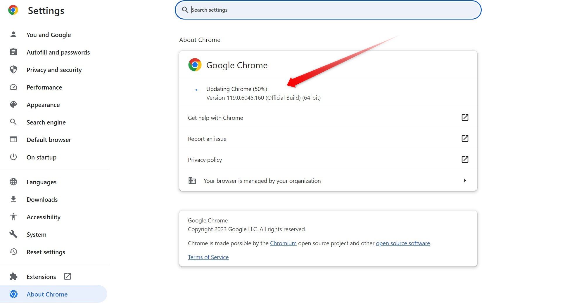 Google Chrome update in progress