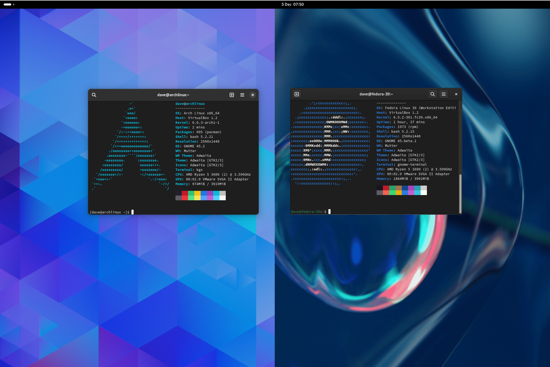 Arch Linux and Fedora Linux desktops each with a terminal window open running Neofetch