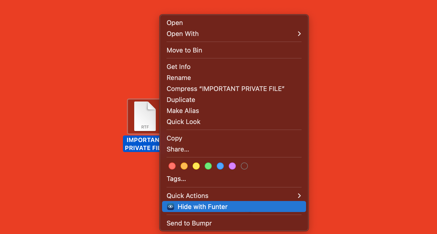 Selecting 'Hide with Funter' on a macOS file