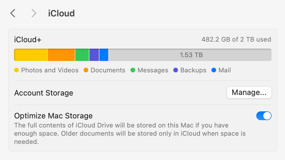 iCloud storage space remaining in a 2TB plan.