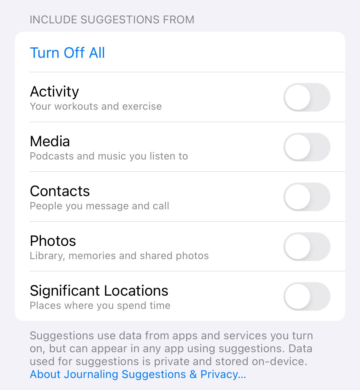 iPhone settings screen showing inactive journaling suggestions.