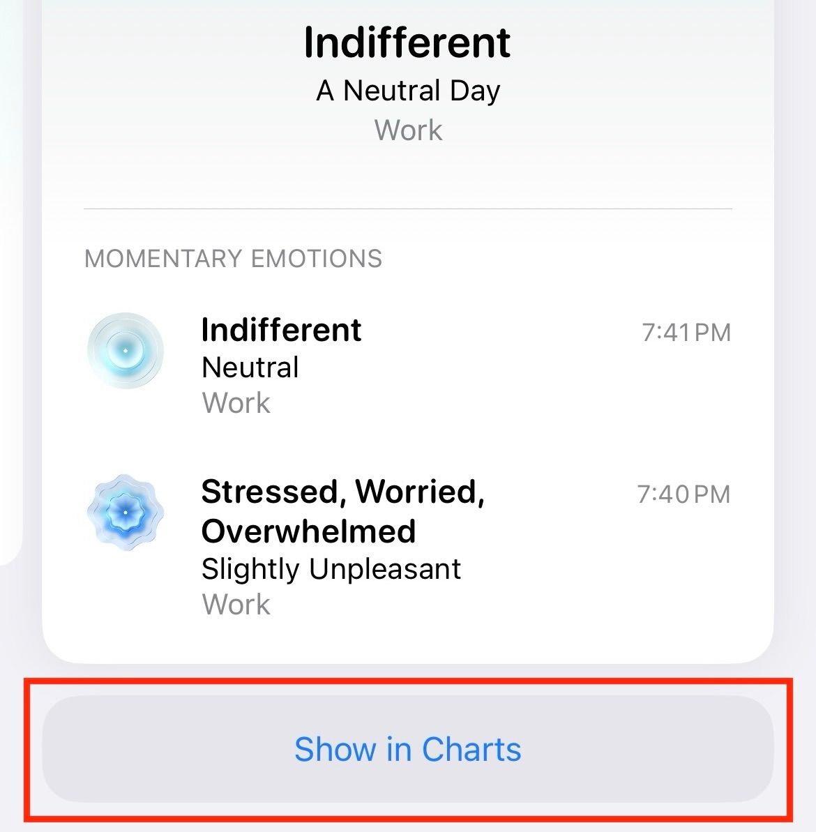An iPhone highlighting how to view charts for emotion and mood logging.
