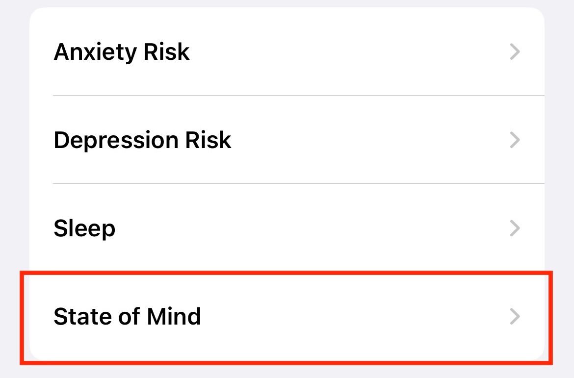 An iPhone highlighting the State of Mind option in Apple Health.