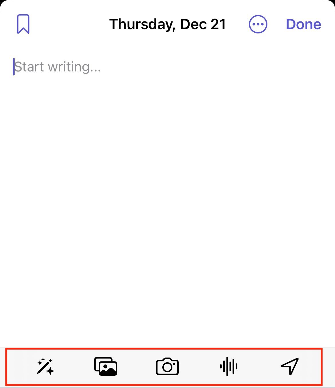 iPhone screen showing a blank screen to write a journal entry.
