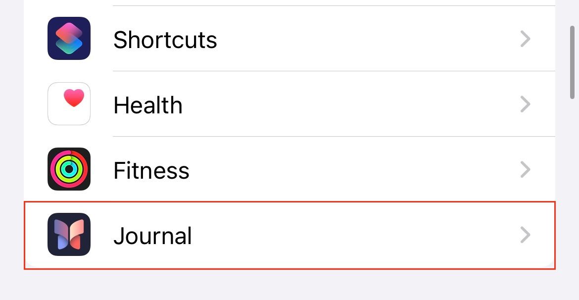 An iPhone settings page highlighting journal.