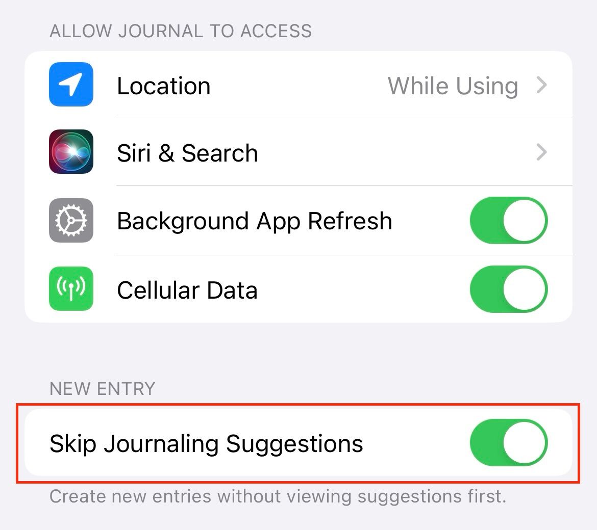An iPhone settings page highlighting skip journaling suggestions.