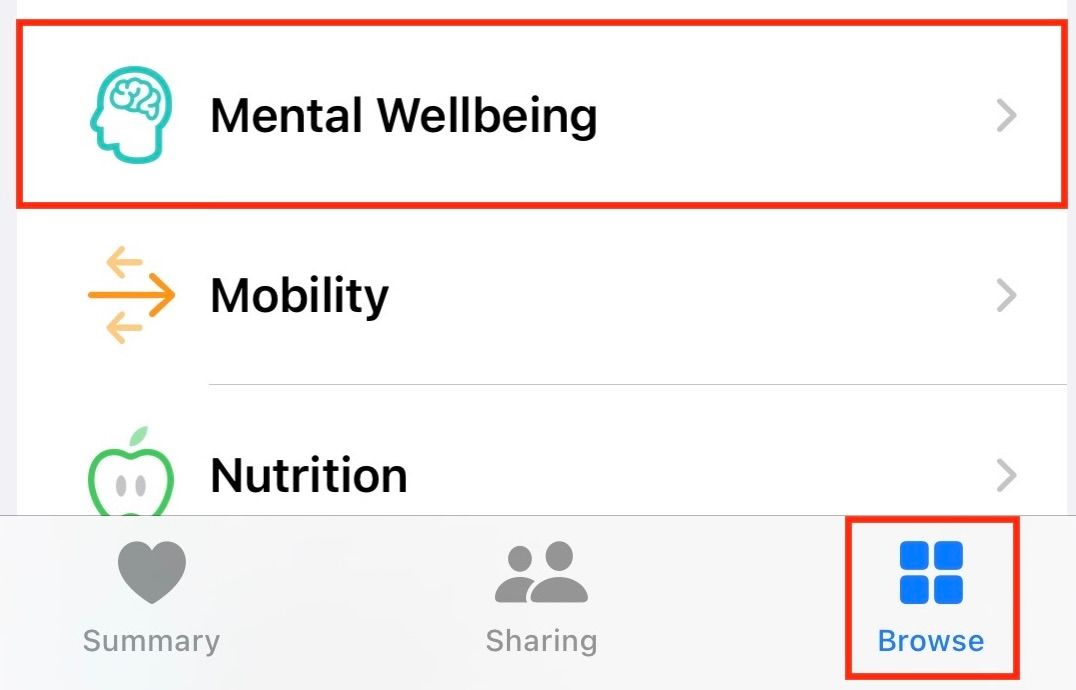 An iPhone screen highlighting the mental wellbeing option inside the Health app.