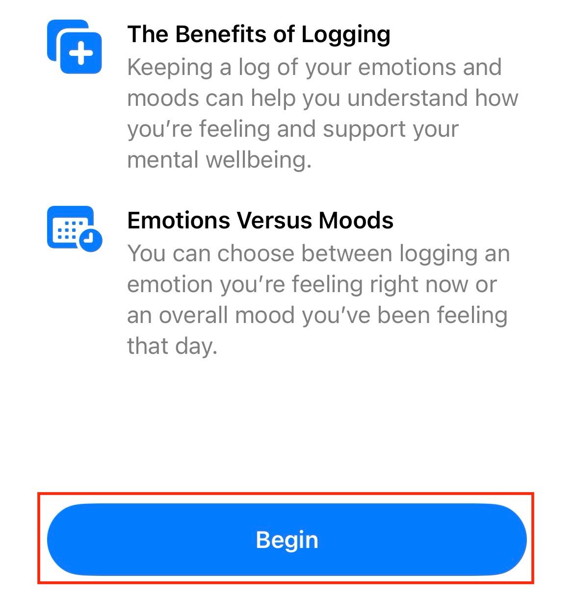 An iPhone screen explaining the difference between emotion and mood.