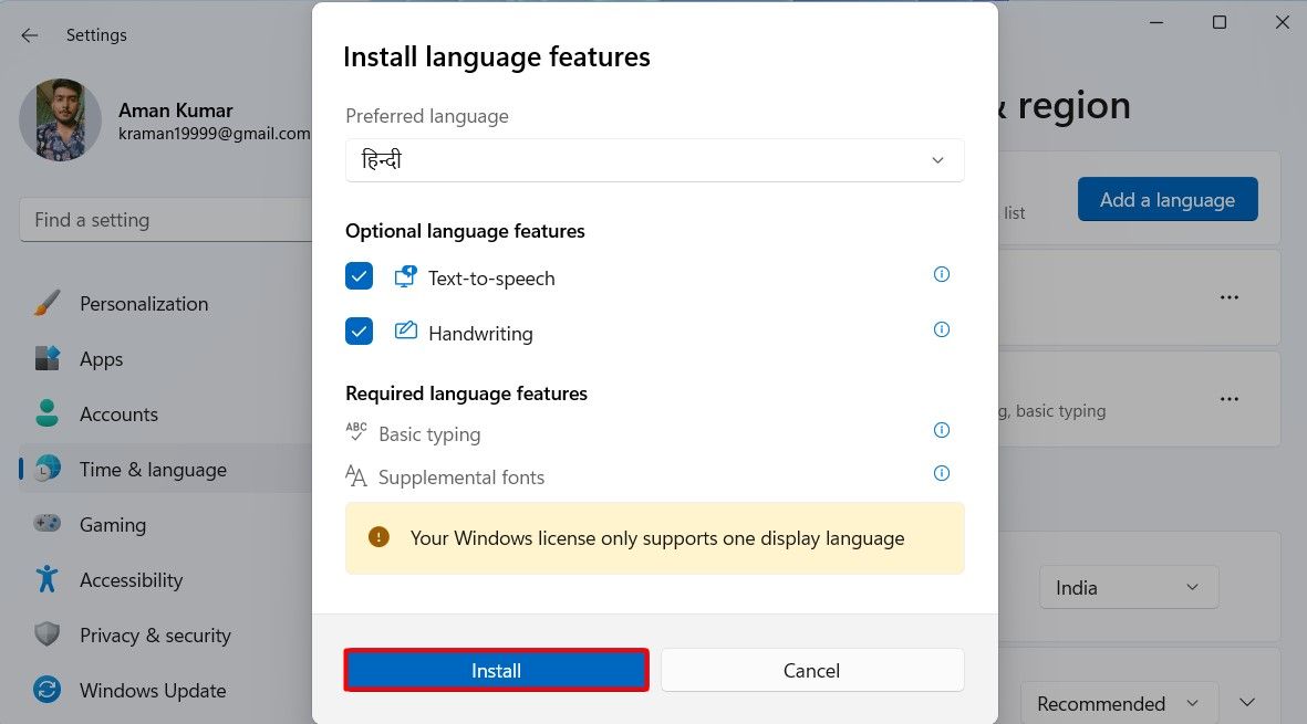 Install option in the Settings app