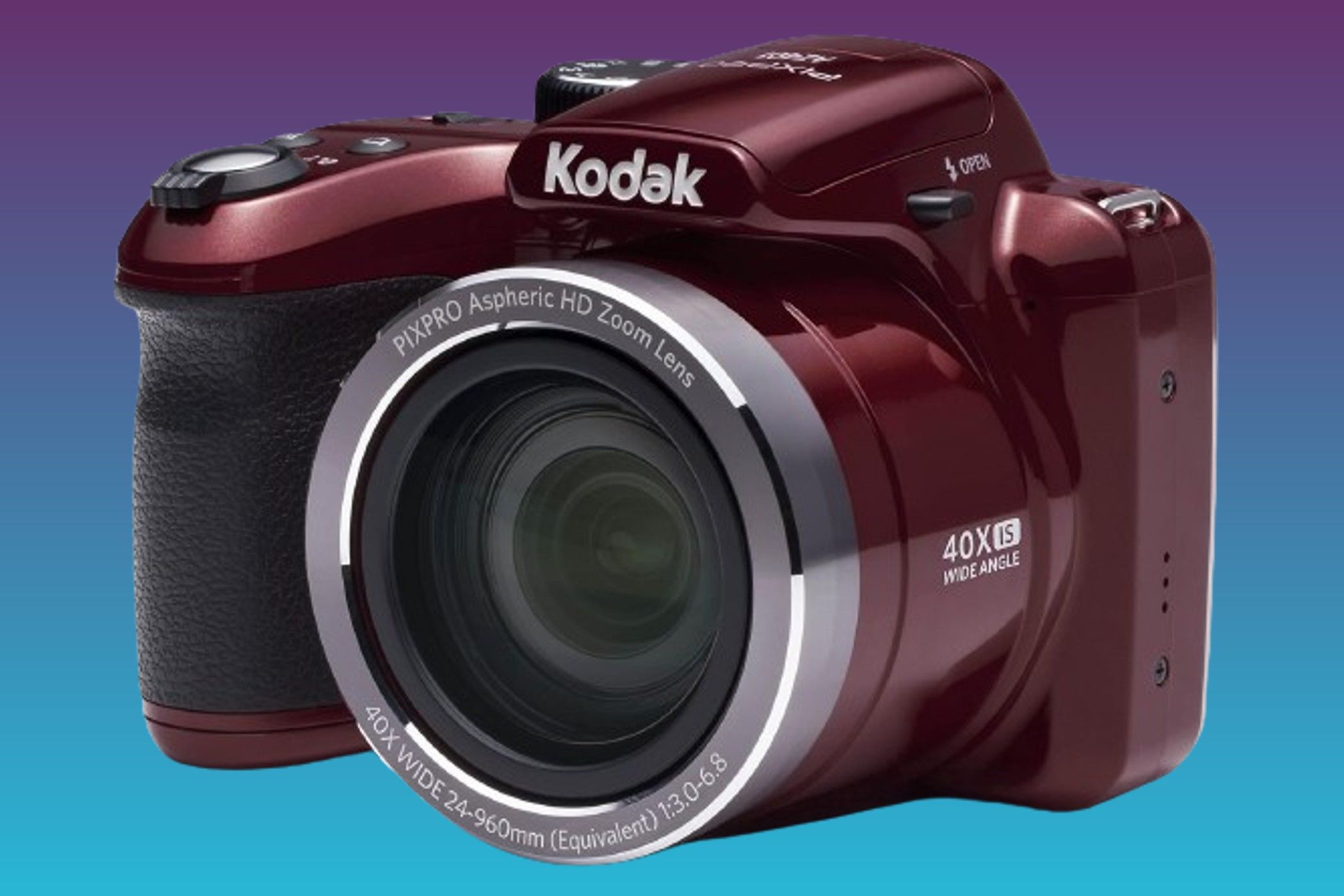 Kodak AZ401RD Point and Shoot Camera on a gradient background
