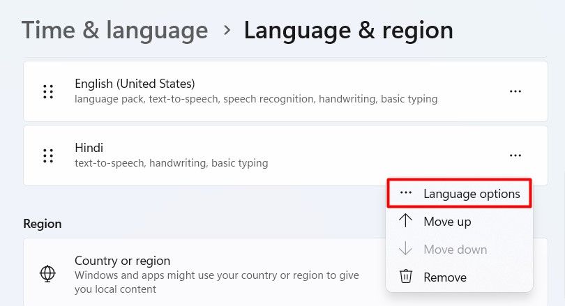 Language options in the Settings app 
