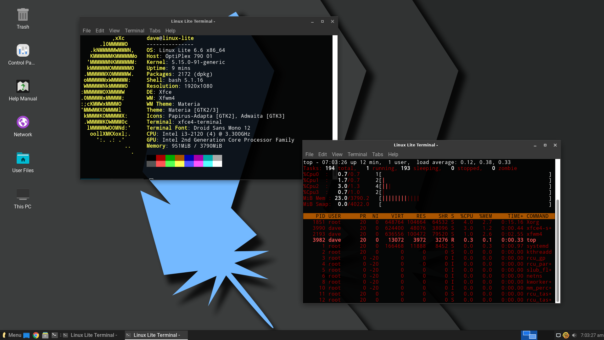 The Linux Lite desktop with two terminals windows. One shows the output from Neofetch and the other is running top.