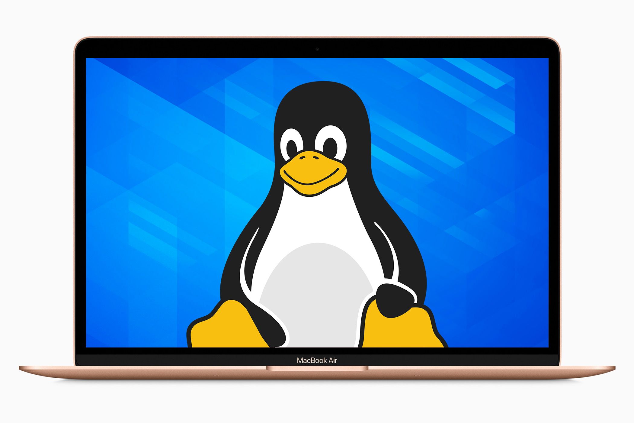 Photo of a MacBook Air with Tux the Linux Penguin on the screen