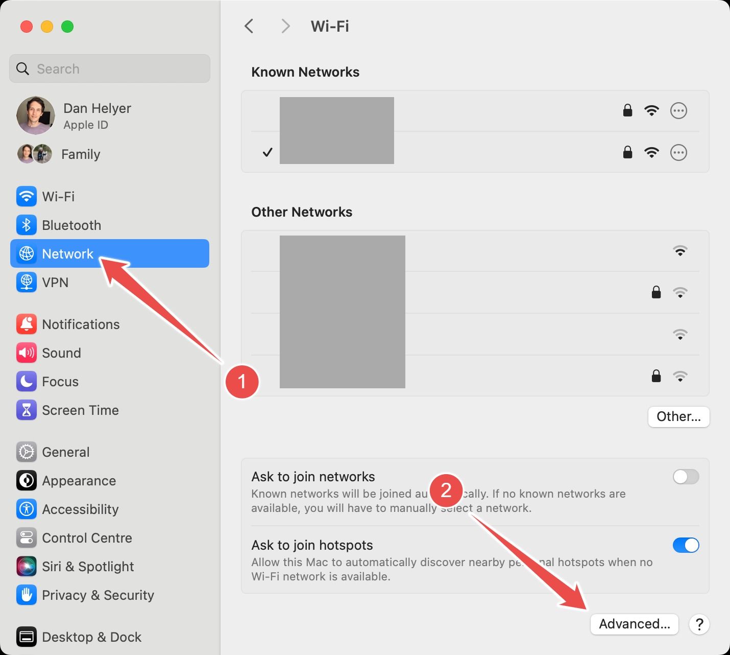 Network settings, highlighting the 'Advanced' button on macOS.