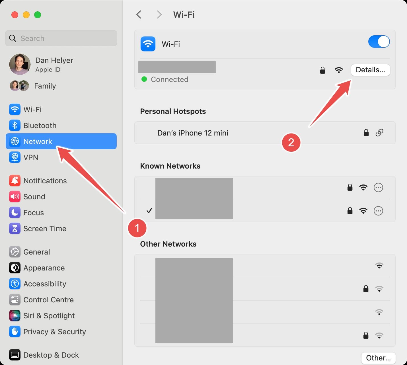 Network settings, highlighting the network 'Details' button on macOS.