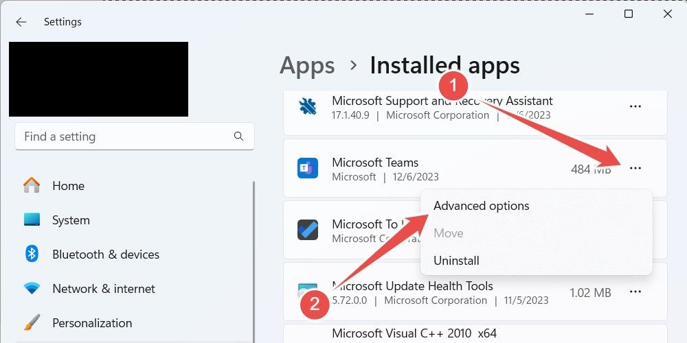 The 'Advanced Options' option in the Installed Apps page in Windows 11's settings