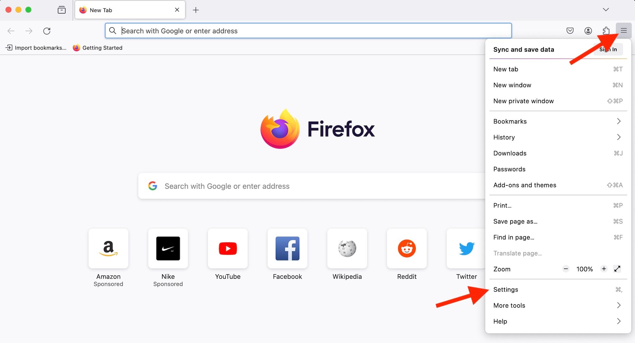 The location of the Firefox settings menu