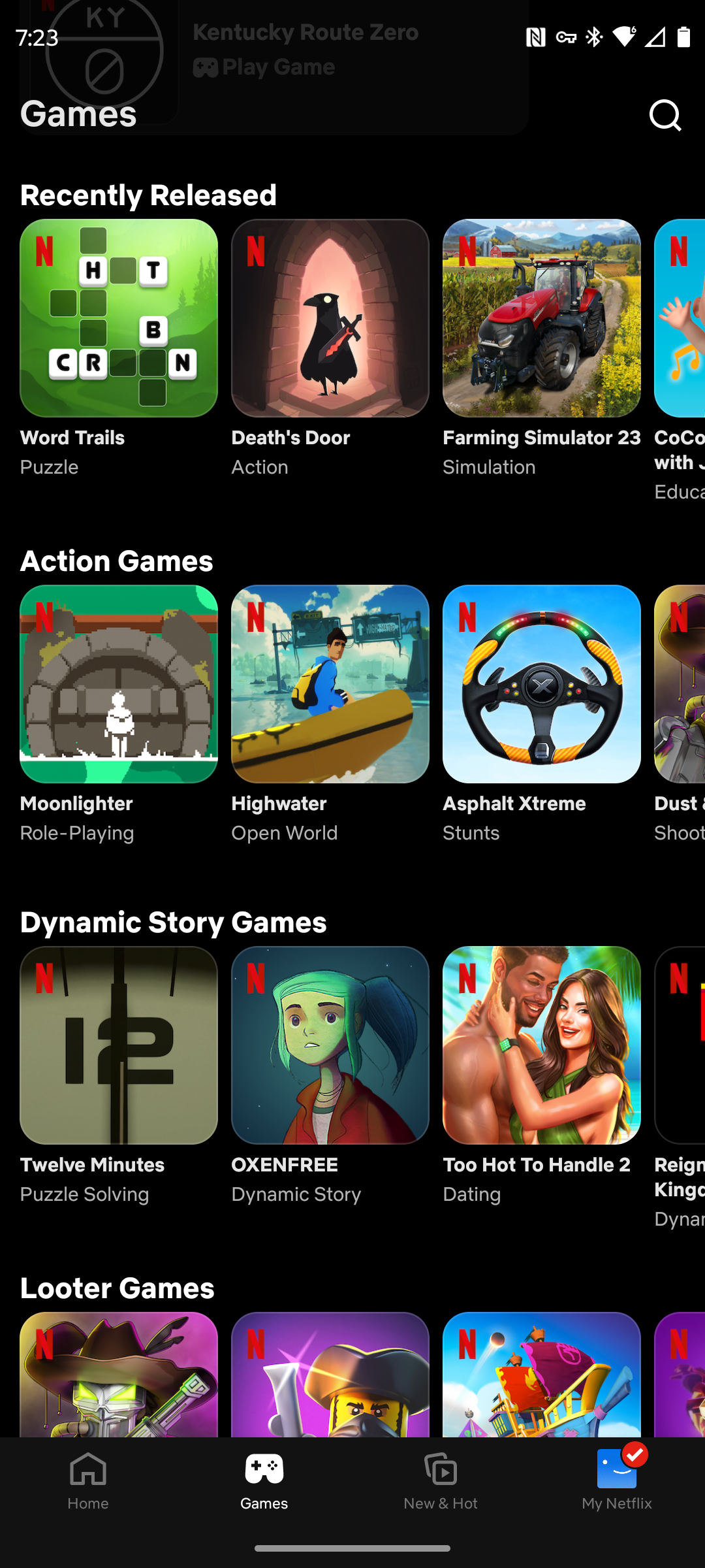 Game categories within the Netflix Android app.