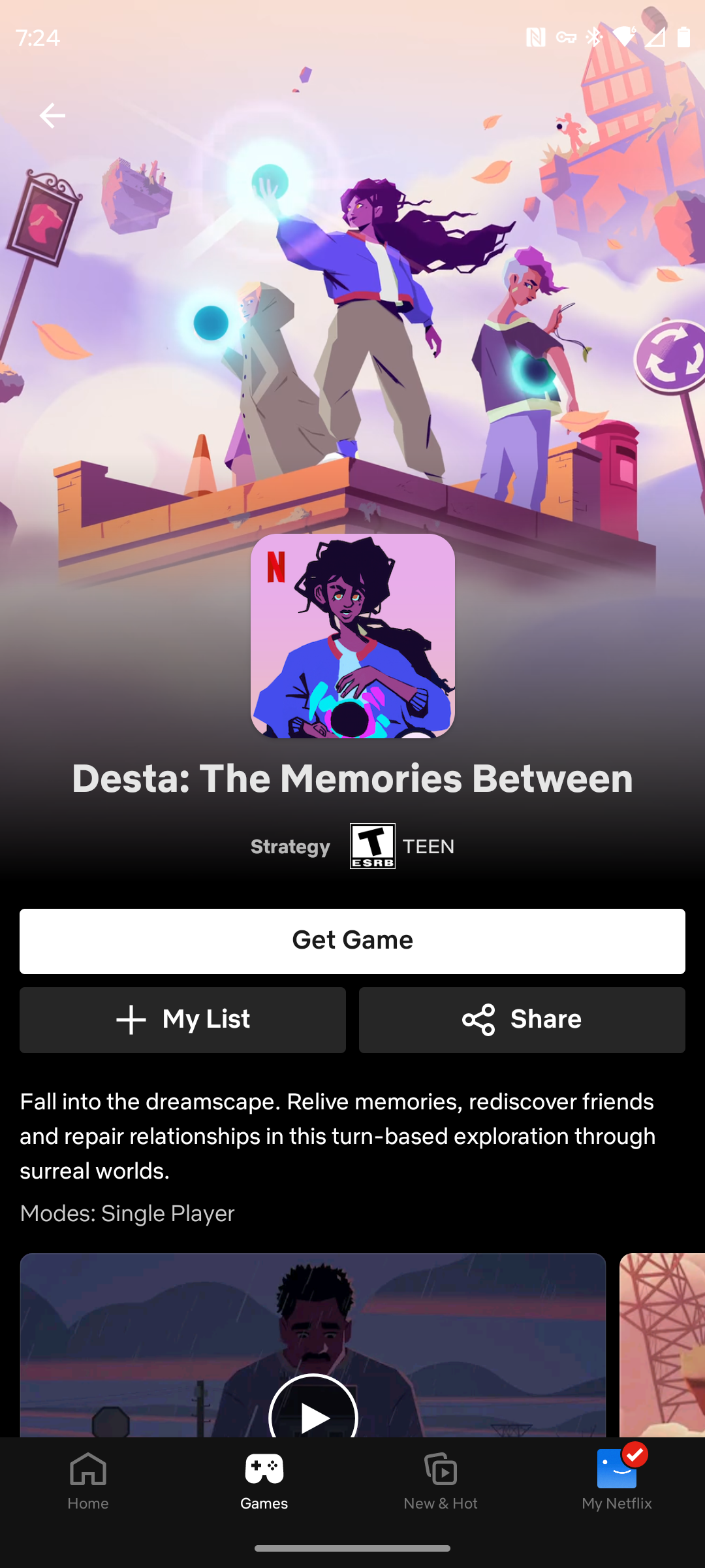 Desta: The Memories Between game page within the Netflix Android app.