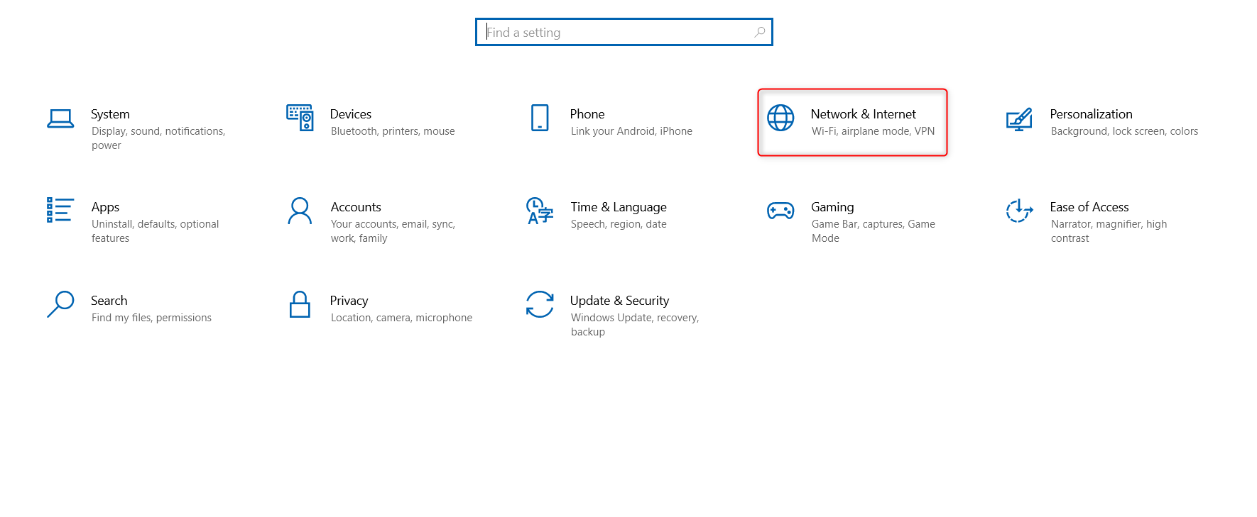 Network and internet highlighted in Windows 10 Settings