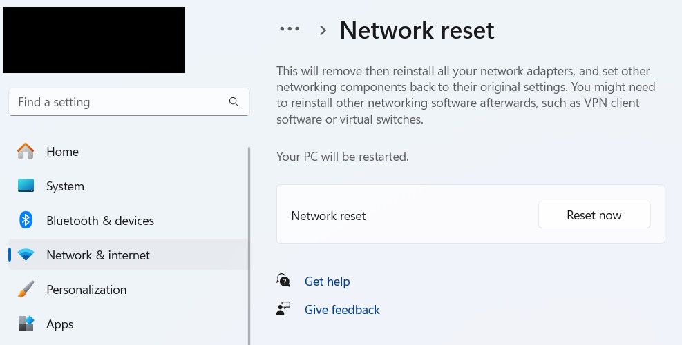 Network reset options in Windows.