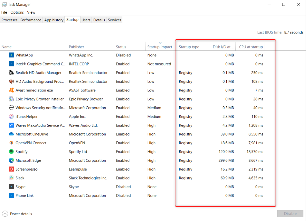 New information columns added to the startup page in Task Manager.