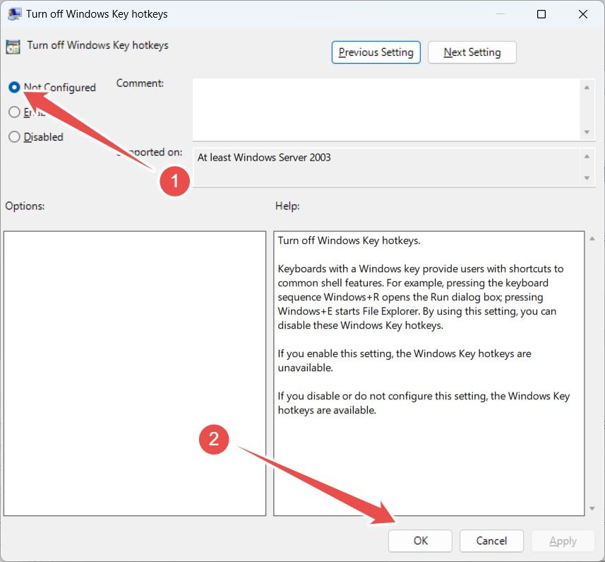 Setting the 'Turn off Windows Key hotkeys' group policy to 'Not configured'