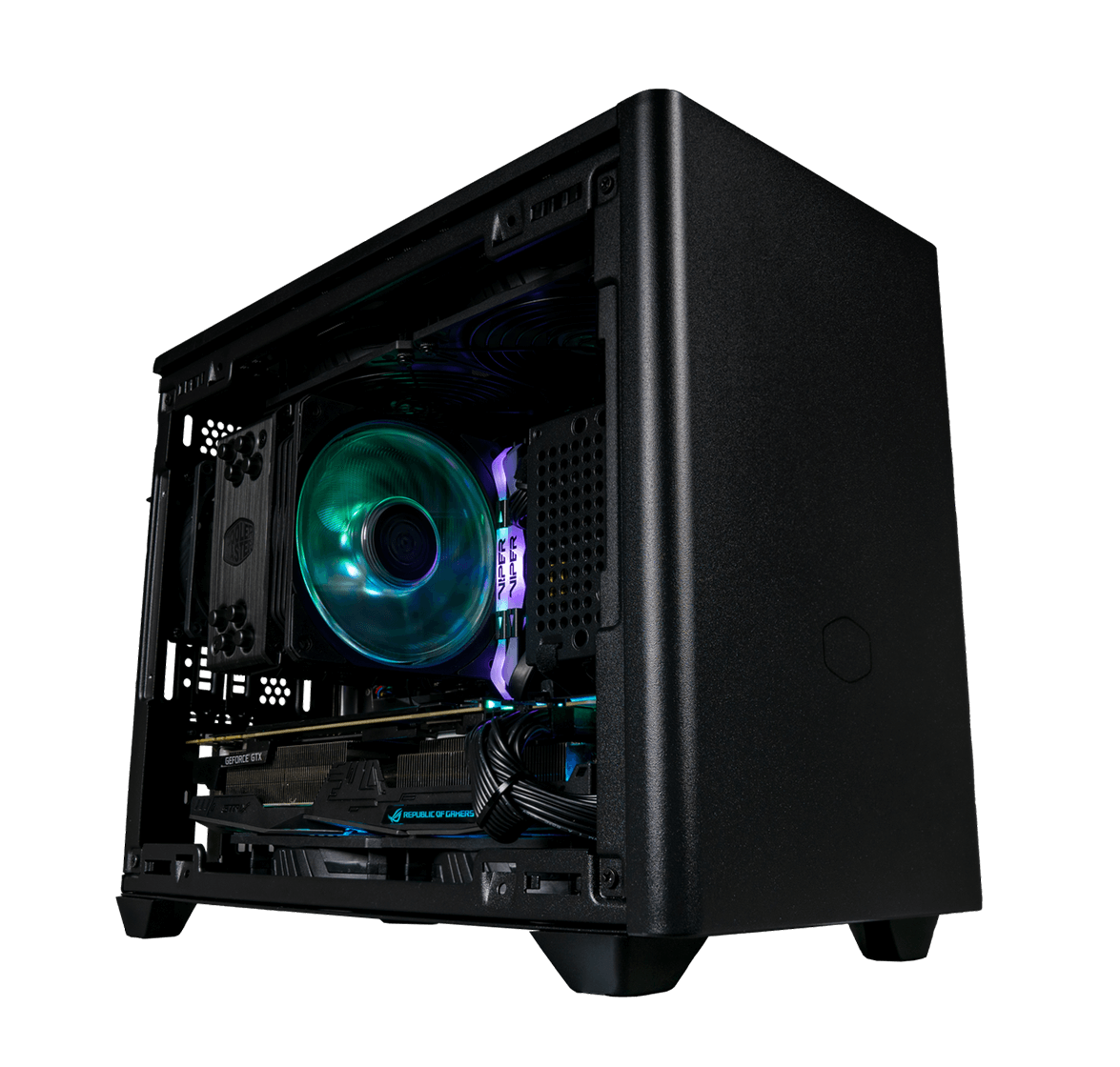 The Cooler Master NR200 Mini-ITX computer case with computer computer parts in it against a white background.