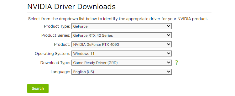 The NVIDIA driver download page. 