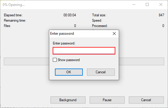 The password prompt when you open an encrypted ZIP file in 7-Zip. 